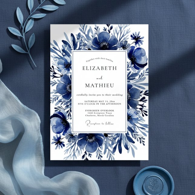 Indigo Floral Painterly Wedding Invitation (Creator Uploaded)