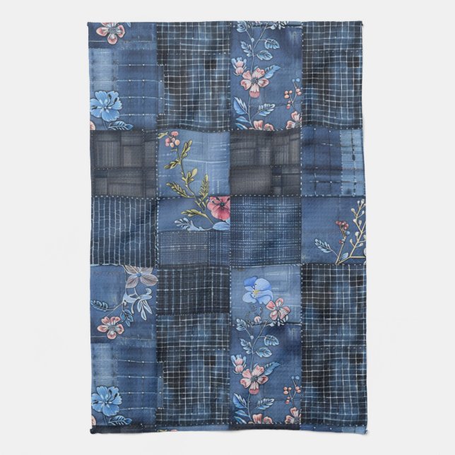 Indigo Floral Patchwork Pattern | Boho Denim Kitchen Towel (Vertical)