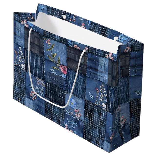Indigo Floral Patchwork Pattern | Boho Denim Large Gift Bag (Front Angled)