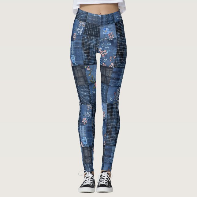Indigo Floral Patchwork Pattern | Boho Denim Leggings (Front)