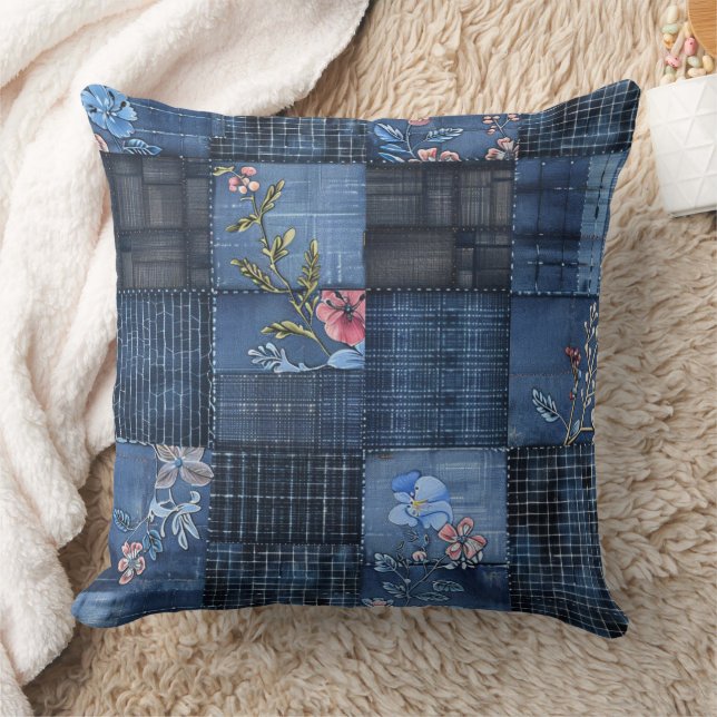 Indigo Floral Patchwork Pattern | Boho Denim Throw Pillow (Blanket)