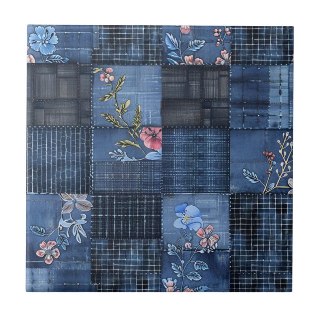 Indigo Floral Patchwork Pattern | Boho Denim Tile (Front)