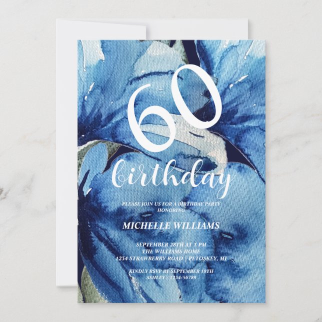 Indigo Floral Watercolor Art Calligraphy Invitation (Front)