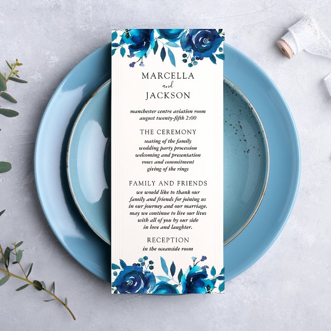 Indigo Floral Wedding Program Card (Creator Uploaded)