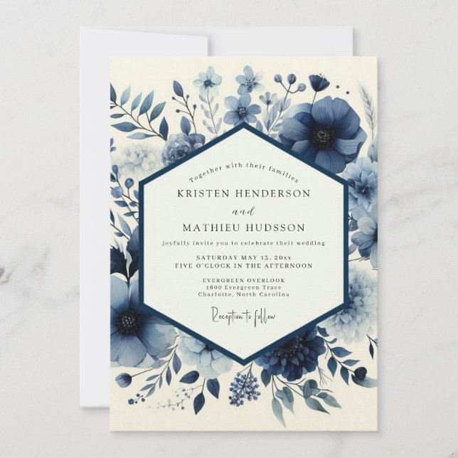 Indigo Floral Whimsy Wedding Invitation (Front)