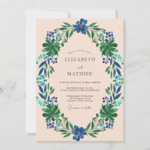 Indigo Foliage Wreath Wedding Invitation