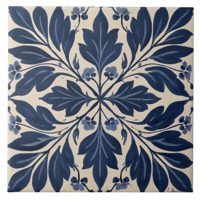 Indigo Folk Floral Damask Tile (Front)