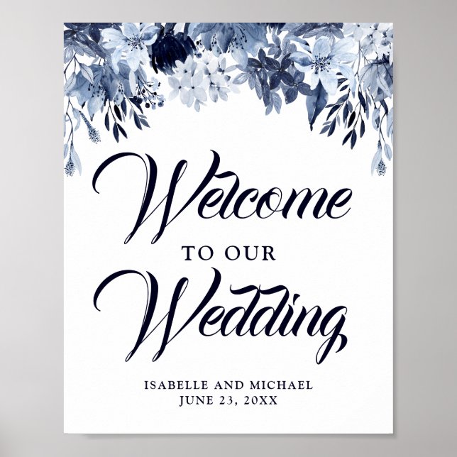 Indigo Garden Blue Floral Welcome Wedding Sign (Front)