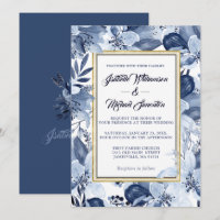 Indigo Garden with Gold Frame Wedding Invitaiton