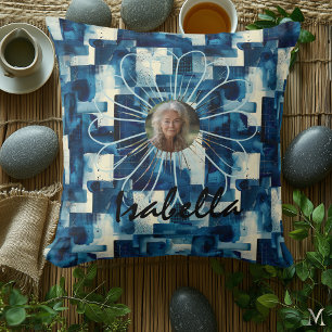 Indigo Geometric Bloom – Elegant Abstract Portrait Throw Pillow