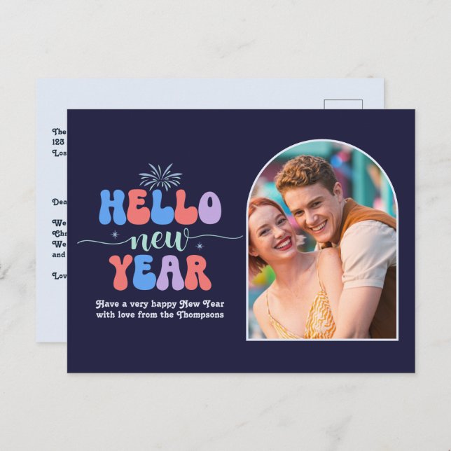 Indigo Gleam New Year Retro Modern Blue Photo Holiday Postcard (Front/Back)