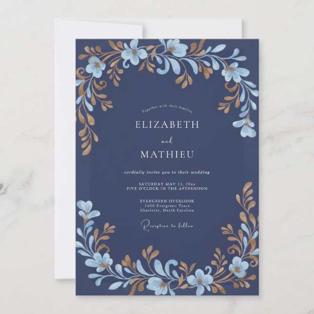 Indigo Gold Leafy Wedding Invitation (Front)