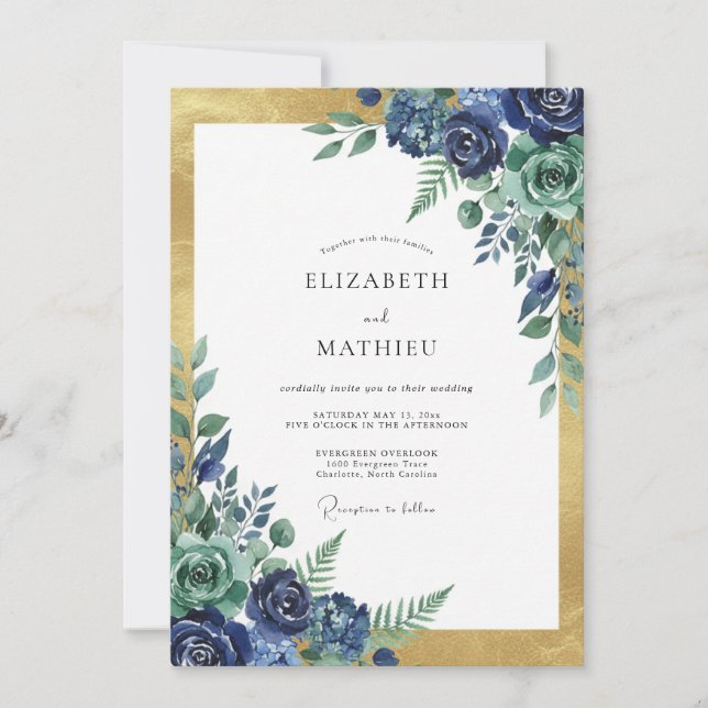 Indigo Gold Peony Wedding Invitation (Front)