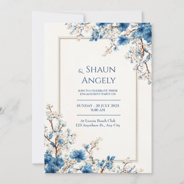 Indigo Gold Vein Ethereal Botanical Frame Wedding Invitation (Front)