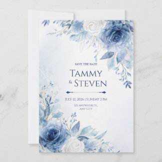 Indigo Gold Vein Watercolor Rose Border Wedding Invitation