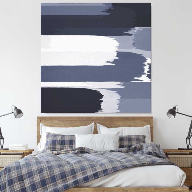Indigo Grey Blue Brushstrokes Canvas Print (Insitu(Bedroom))