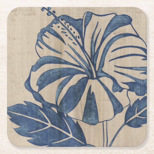 Indigo Hibiscus Square Paper Coaster (Front)