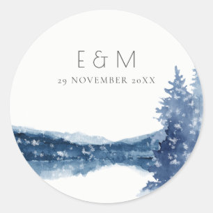 INDIGO INK BLUE MOUNTAIN LAKE MONOGRAM WEDDING  CLASSIC ROUND STICKER