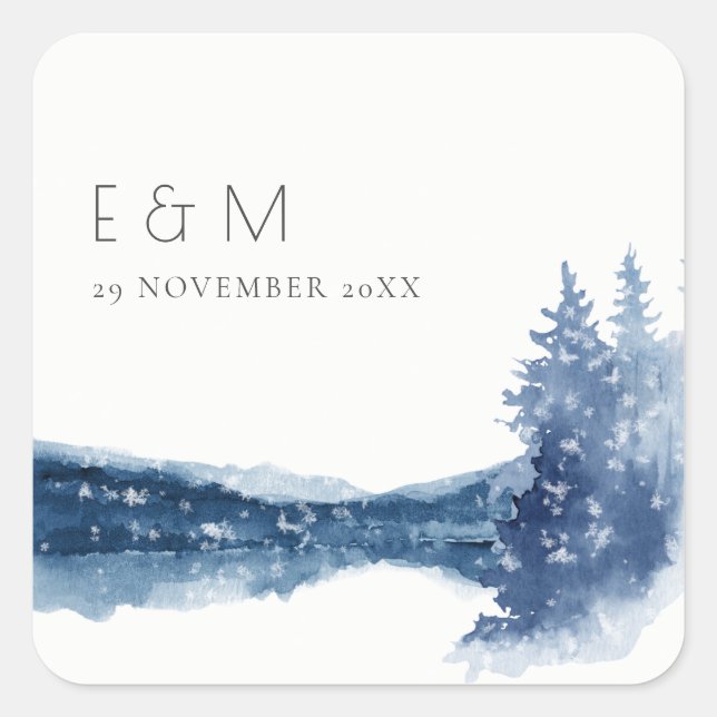 INDIGO INK BLUE MOUNTAIN LAKE MONOGRAM WEDDING  SQUARE STICKER (Front)