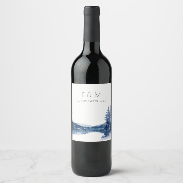 INDIGO INK BLUE MOUNTAIN LAKE MONOGRAM WEDDING WINE LABEL (Front)