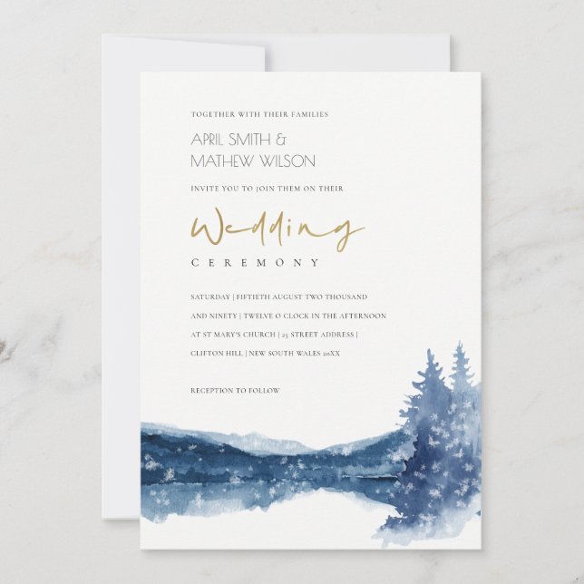 INDIGO INK BLUE MOUNTAIN LAKE SNOW WEDDING INVITE (Front)