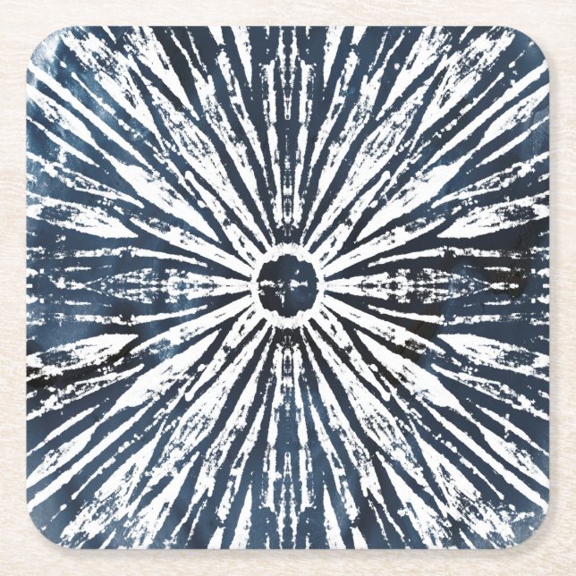 Indigo Ink Radial Motif Square Paper Coaster (Front)