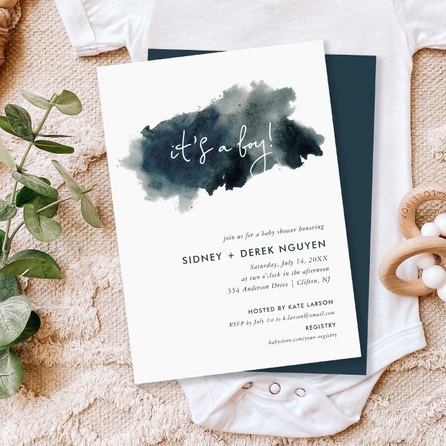 Indigo Ink Wash It's a Boy Baby Shower Invitation (Creator Uploaded)
