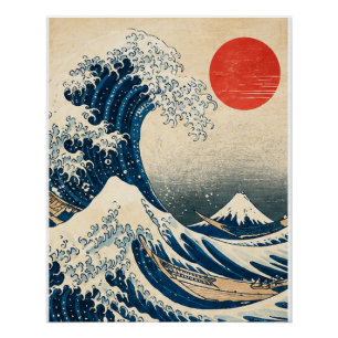 Indigo Japanese Wave Red Sun Woodblock Inspired Ar Poster