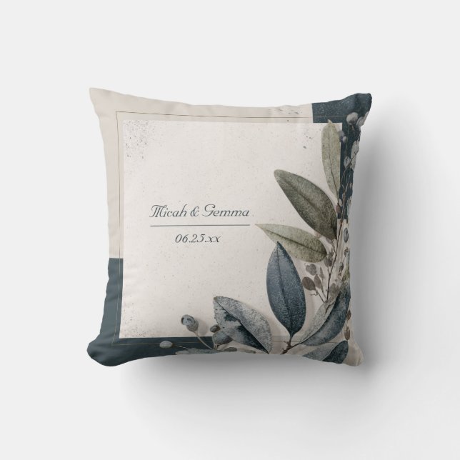 Indigo Leaf Botanical Geometric Terrazzo Accent Throw Pillow (Front)
