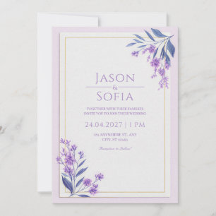 Indigo Leaf Watercolor Lavender Gold Frame Wedding Invitation