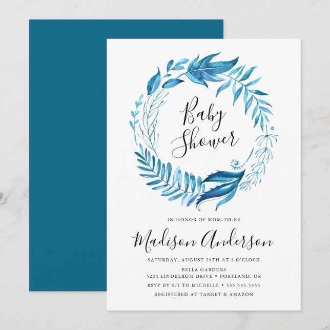 Indigo Leaves | Wreath Baby Shower Invitation (Front/Back)