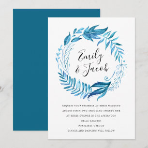 Indigo Leaves   Wreath Wedding Invitation