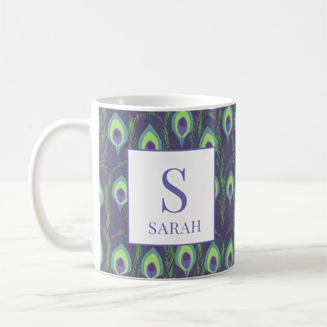 Indigo Lime Green Peacock Custom Initial Mug (Left)