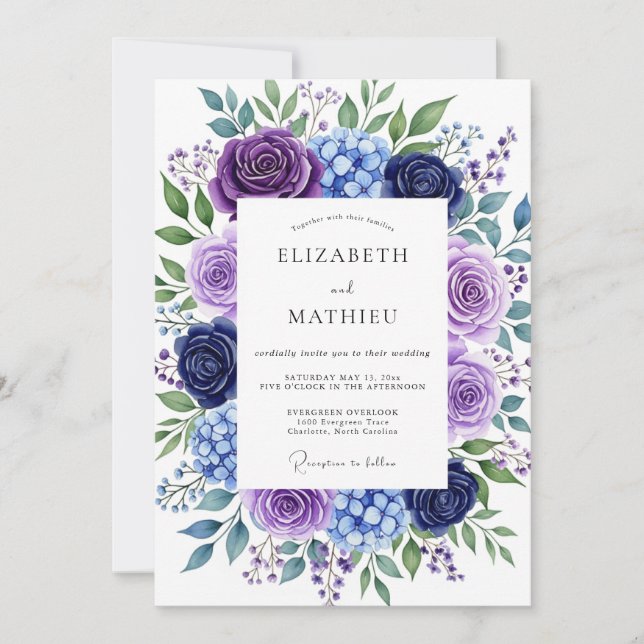 Indigo Lush Floral Romantic Wedding Invitation (Front)