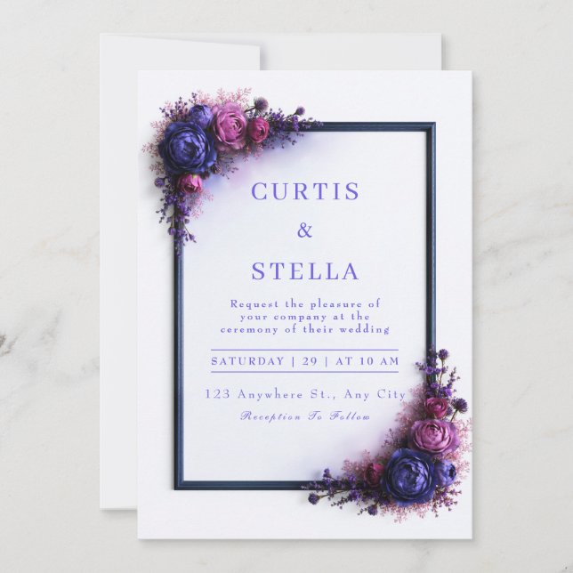 Indigo Magenta Floral Corner Frame Wedding Invitation (Front)