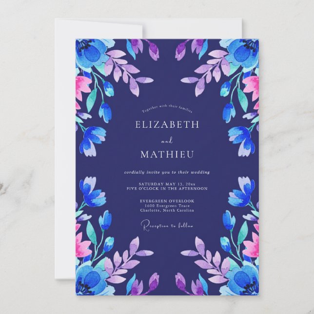 Indigo Magenta Leafy Wedding Invitation (Front)