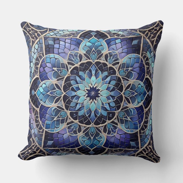 Indigo Mandala: Deep Gradient Mosaic Throw Pillow (Front)
