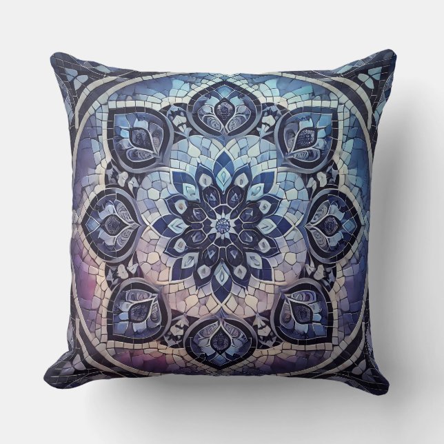 Indigo Mandala Pattern: Deep Gradient Mosaic Throw Pillow (Front)
