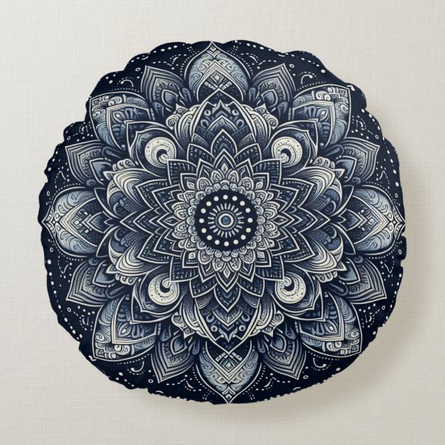 Indigo Mandala  Round Pillow (Front)