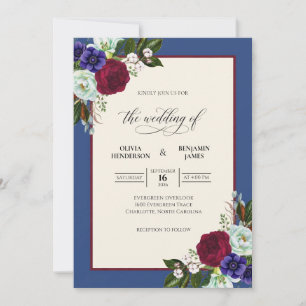 Indigo Maroon Bouquet Eucalyptus Wedding Invitation