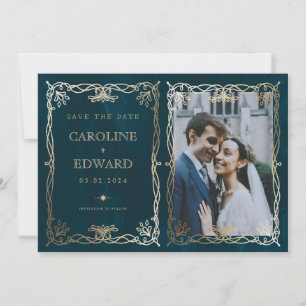 Indigo  Medieval Gold Ivy Photo QR code Save The Date
