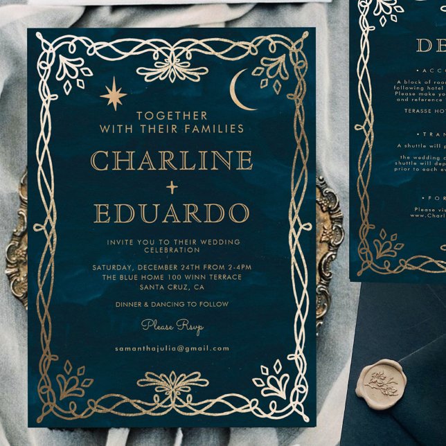 Indigo Medieval Gold Ivy Wedding  Invitation (Creator Uploaded)