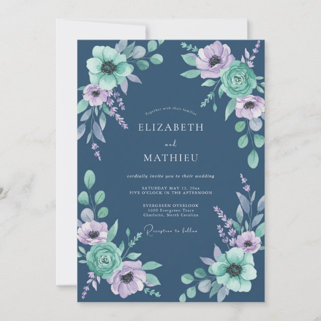 Indigo Mint Anemone Wedding Invitation (Front)