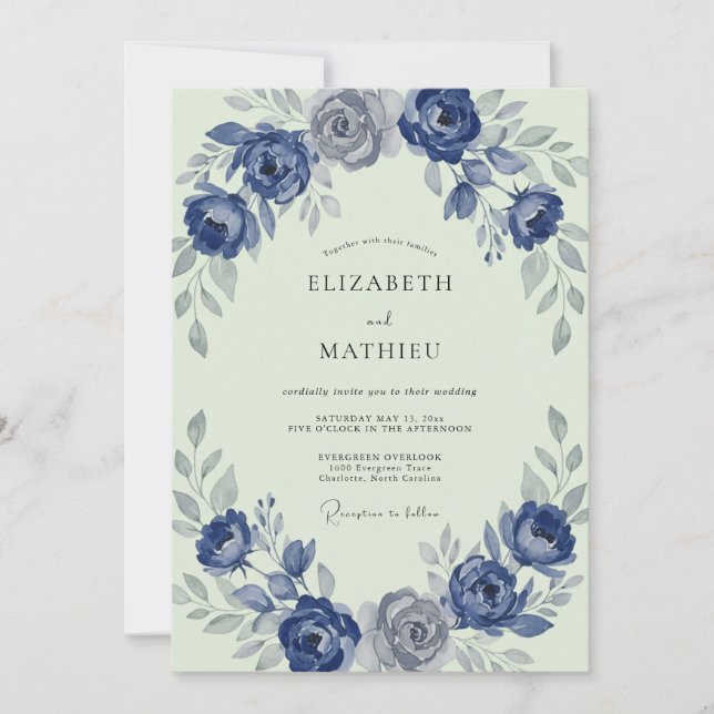 Indigo Mint Wreath Wedding Invitation (Front)