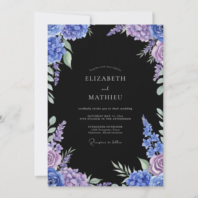 Indigo Moody Botanical Wedding Invitation (Front)