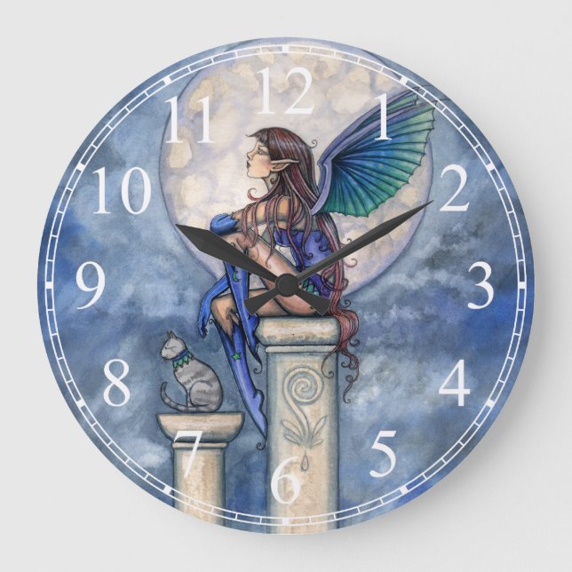 Indigo Moon Blue Fairy and Cat Fantasy Clock (Front)