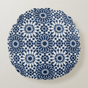 Indigo Moroccan Geometric Star Mosaic Pattern Round Pillow