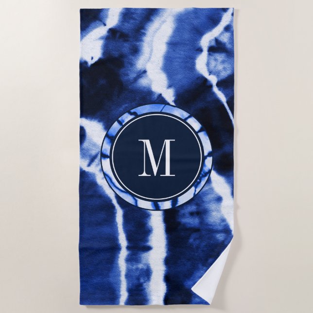 Indigo Nautical Blue Tie Dye Watercolor Monogram Beach Towel (Front)