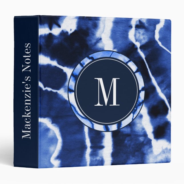 Indigo Navy Blue Cool Tie Dye Watercolor Monogram Binder (Front/Spine)