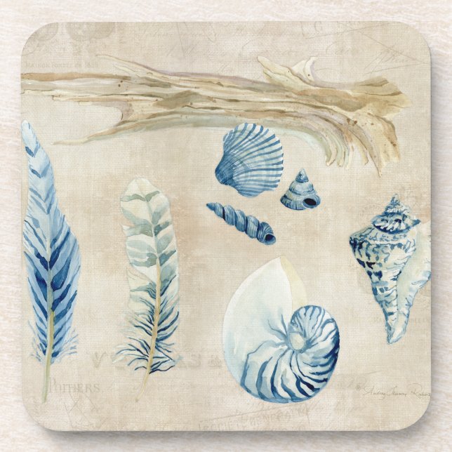 Indigo Ocean Beach Sketchbook Watercolor Shells Coaster (Front)